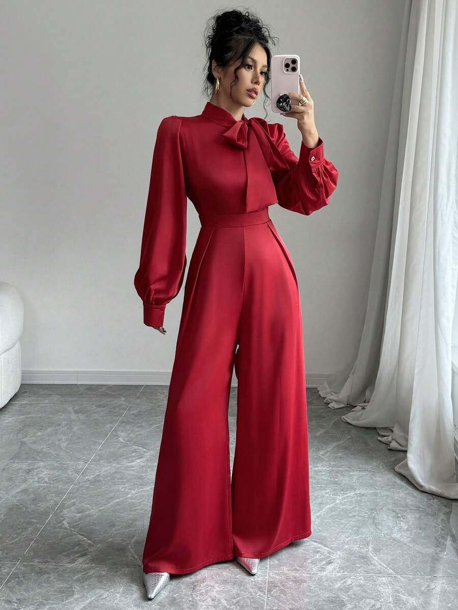 Selianne 女士优雅缎面连体裤，带超大蝴蝶结设计，长袖，阔腿，春秋季新年节日派对服装