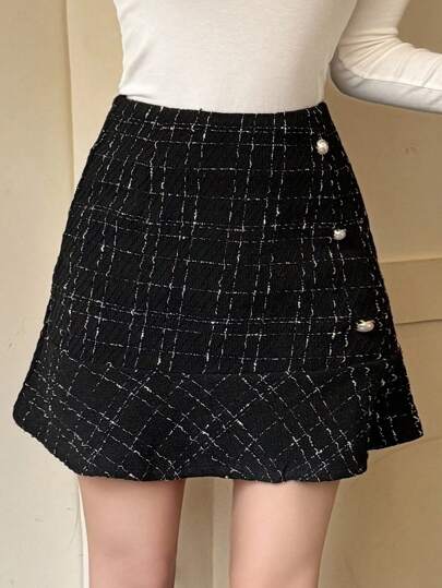 DAZY 女式格纹印花纽扣装饰优雅A字裙秋冬