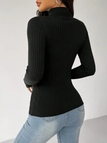 SHEIN PETITE Women Casual High Neck Solid Color Ribbed Knit Sweater, Autumn/Winter