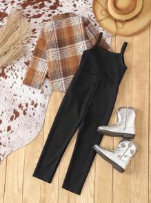 SHEIN Young Girl Plaid Print Flap Detail Shirt & Cami Jumpsuit