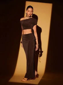 Lumalex Fall Winter Thanksgiving Outfit New Years Thanksgiving Rave Festival Outfits Formal Prom New Years Eve Outfit Concert Pparty BanquetHallStretchy Asymmetric Long Drawstring Skirt, Autumn/Winter
