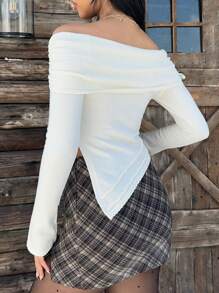 SHEIN EZwear Women's Solid Color Asymmetric Hem Slit Off Shoulder Long Sleeve Sweater, Elegant - Beige - View 2