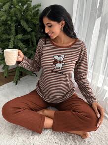 EURMUSE 100%Cotton Striped & Cartoon Graphic PJ Set - Coral Orange - View 3