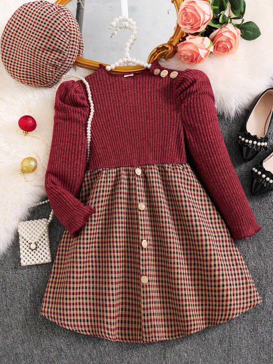 SHEIN Girls Young Girl Puff Sleeve Knit Ribbed Sweater Top And Woven Plaid Hemline Casual Dress With Hat, Elegant Lady Style, Autumn/Winter