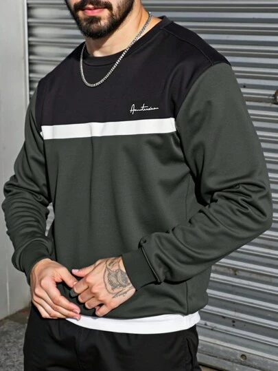 Manfinity Homme Plus Size Men Casual Daily Colorblock Letter Print Loose Fit Sweatshirt, Autumn