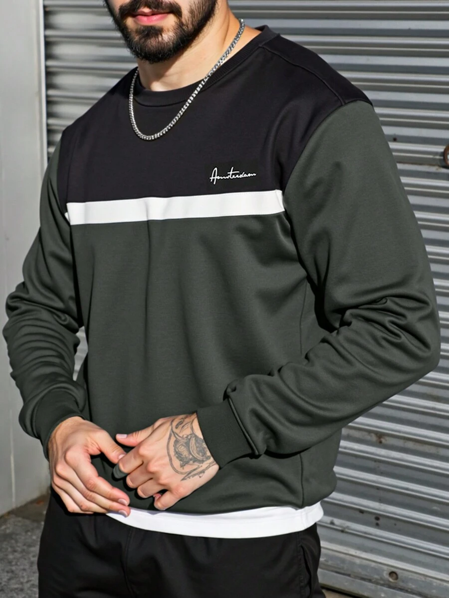 Manfinity Homme Plus Size Men Casual Daily Colorblock Letter Print Loose Fit Sweatshirt, Autumn