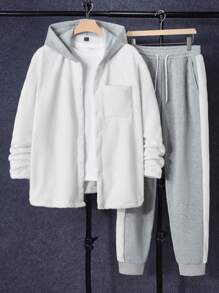 Manfinity Homme 2件套男士撞色口袋连帽夹克和运动裤休闲套装 - 卡其色 - 查看 7