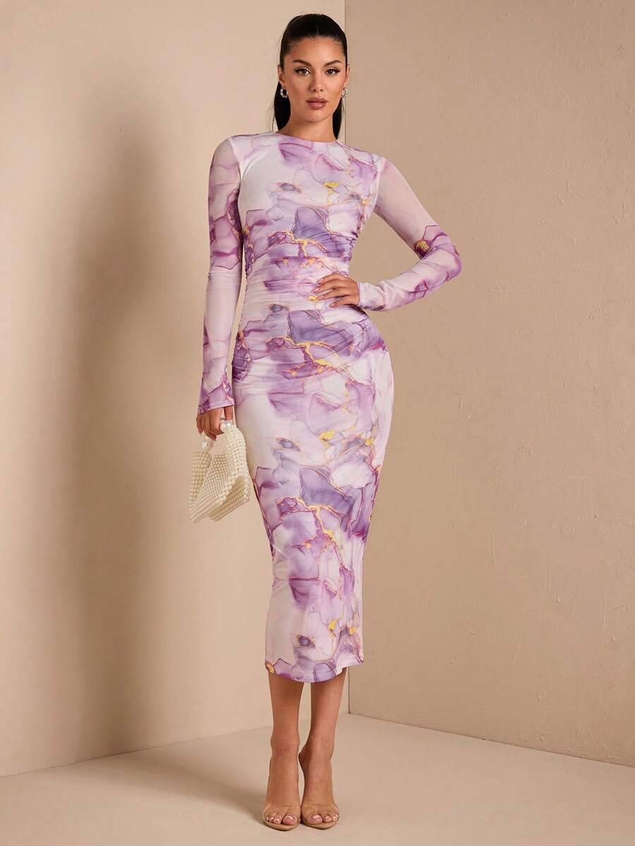 SHEIN BAE Váy dài tay ôm sát in họa tiết đá cẩm thạch thanh lịch dành cho nữ, mùa thu - Màu tím hoa cà - Xem 1
