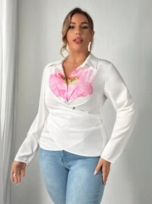 SHEIN Unity Large Floral Print Casual Long Sleeve Collared Shirt - White - View 6