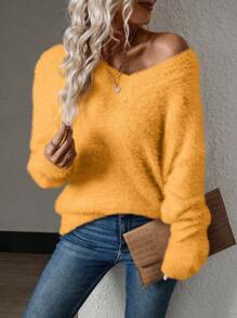 SHEIN LUNE Women Casual Solid V-Neck Fluffy Knit Sweater For Autumn/Winter Knit Pullover Fall Outfit