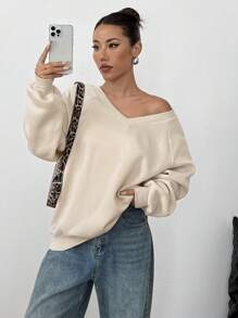 SHEIN Unity 超大纯色 V 领长袖休闲运动衫 - 杏色 - 查看 4