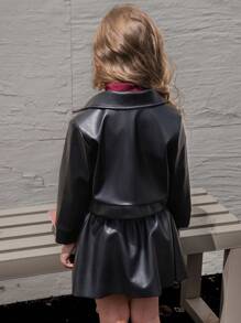 Elladie kids 3pcs Young Girls Casual Black Long Sleeve Round Neck Faux Leather Jacket + Burgundy Turtleneck Top + Mini Skirt Outfit, Sweet&Cool Style, Autumn/Winter - Black - View 2