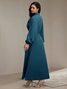 Modelyn 女士简约纯色优雅褶皱腰连衣裙，秋季长款晚礼服 - 水鴨藍 - 查看 5