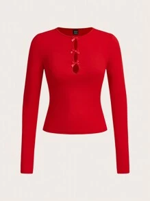 SHEIN Essnce Women's Solid Color Round Neck Long Sleeve Hollow Out Fitted T-Shirt With Bow Decor, Spring Autumn,Red Women Tops,