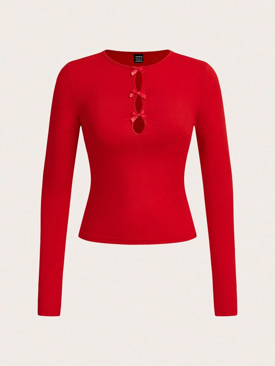 SHEIN Essnce Women's Solid Color Round Neck Long Sleeve Hollow Out Fitted T-Shirt With Bow Decor, Spring Autumn,Red Women Tops,