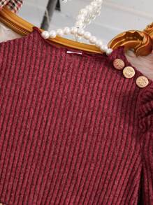 SHEIN Girls Young Girl Puff Sleeve Knit Ribbed Sweater Top And Woven Plaid Hemline Casual Dress With Hat, Elegant Lady Style, Autumn/Winter