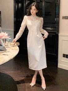 DAZY Contrast Lace Stand Collar Lantern Sleeve Mid-Length Dress For Women, Birthday, New Year Eve Prom Dress Elegant,Fall Clothes Long Sleeve Dress