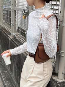 FRIFUL Women Lace Turtleneck Long Sleeve Slim Fit Blouse, Casual Daily Wear Sheer
