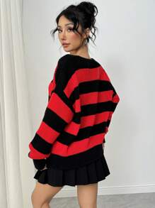Muchica Áo len chui đầu rộng rãi họa tiết sọc hai tông màu giản dị cho nữ - Đỏ - Xem 2