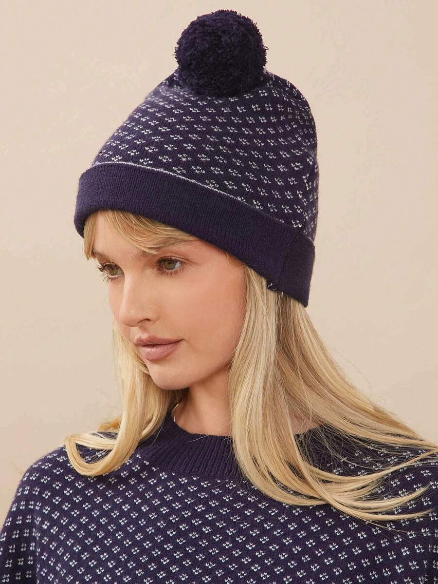 WESTFADE Patterned Sweater Pom-Pom Beanie