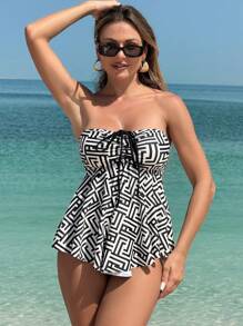 2pcs Women Geometric Print Ruffled Hem Bandeau Tankini Set For Beach Summer - Multicolor - View 4