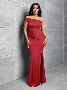 Slaydiva 1pc Women Solid Color Asymmetric Ruched Side Slit Fishtail Hem Fitted Elegant Dress