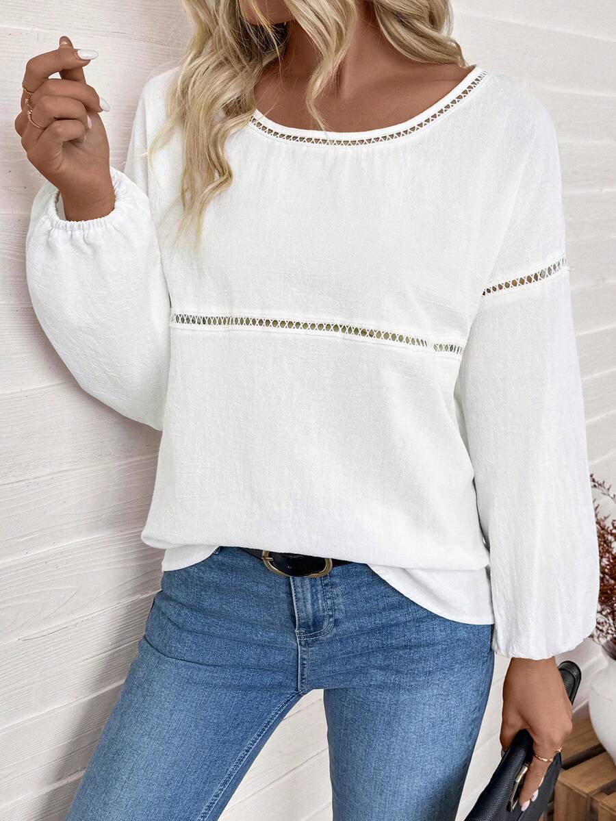 Chiquease Áo sơ mi tay đèn lồng cổ tròn màu trắng giản dị, thiết kế tối giản, trang phục hàng ngày, mùa thu - trắng - Xem 1