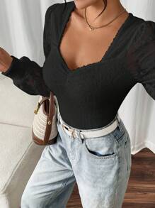 SHEIN Frenchy 女士休闲纯色心形领长袖上衣，秋季 - 黑色 - 查看 6