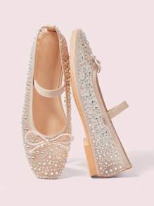 CUCCOO DOLLMOD Rhinestoned Net Mesh Mary Jane Flats For Women, Almond-Colored, Fashionable And Sweet For School/Students Spring Shoes Spring Break Easter