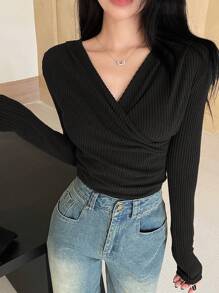 DAZY Women Casual Solid Color Warm Thermal Lined Crossover T-Shirt, Autumn