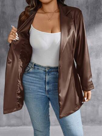 SHEIN Privé 大码休闲舒适日常翻领纽扣 PU 修身长袖夹克，适合冬季