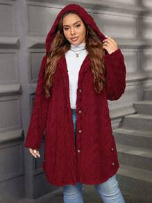 SHEIN LUNE Textured Plush Warm Comfortable Button Decorated Hooded Plus Size Jacket Winter Clothes Fall Autumn - Red - View 8
