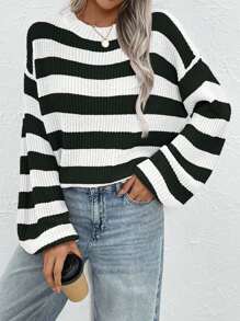 Calvaya 大码圆领长袖条纹毛衣，适合日常休闲穿着，针织套头衫，秋冬季款 - 黑與白 - 查看 5