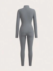 SHEIN EZwear Bộ trang phục thể thao 4 món cho nữ áo khoác khóa kéo tối giản màu trơn và quần legging bó - Nhiều màu - Xem 5