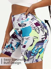 Easithlete Plus Size High Waist Tummy Control Printed Sports Shorts Spandex Short - Multicolor - View 3