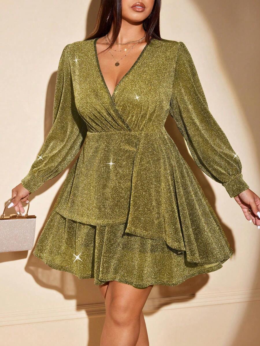 Allurite 大码 V 领交叉裹身分层优雅长袖连衣裙 - 金色 - 查看 1