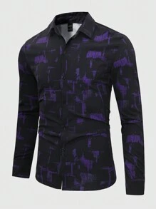 Manfinity Homme Men's Casual Long Sleeve Brush Print Button Down Shirt, Autumn