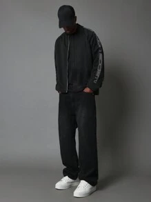 SUMWON Oversized Zip Up Athletic Sweatshirt Sleeve Logo Print Streetwear Training Workout Winter Fall Sports Casual Daily Wear Urban Fashion Outerwear