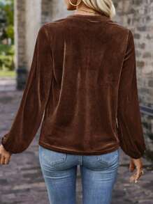 SHEIN LUNE Casual Vintage Solid Color Notch Neck Bishop Sleeve T-Shirt, Autumn