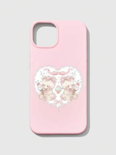 Kawaii 1pc 2 Teddy Bears Bow Pattern Pink Phone Case, Compatible With Iphone 11 12 13 14 15 Pro Max 16