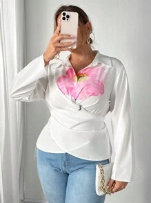 SHEIN Unity Large Floral Print Casual Long Sleeve Collared Shirt - White - View 1