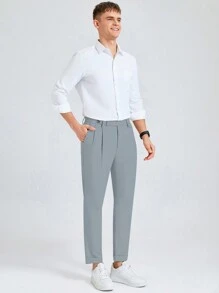 Calvornis 男式纯色褶皱口袋直筒修身休闲长裤 - 藍色 - 查看 4