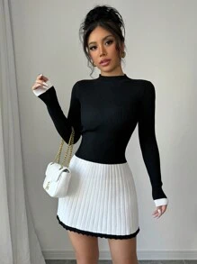 Selianne 全新秋冬复古简约拼布修身女式毛衣连衣裙 - 黑與白 - 查看 3