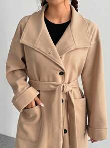 Flirla 女式纯色纽扣前口袋腰带休闲长袖夹克，秋冬 - 杏色 - 查看 3