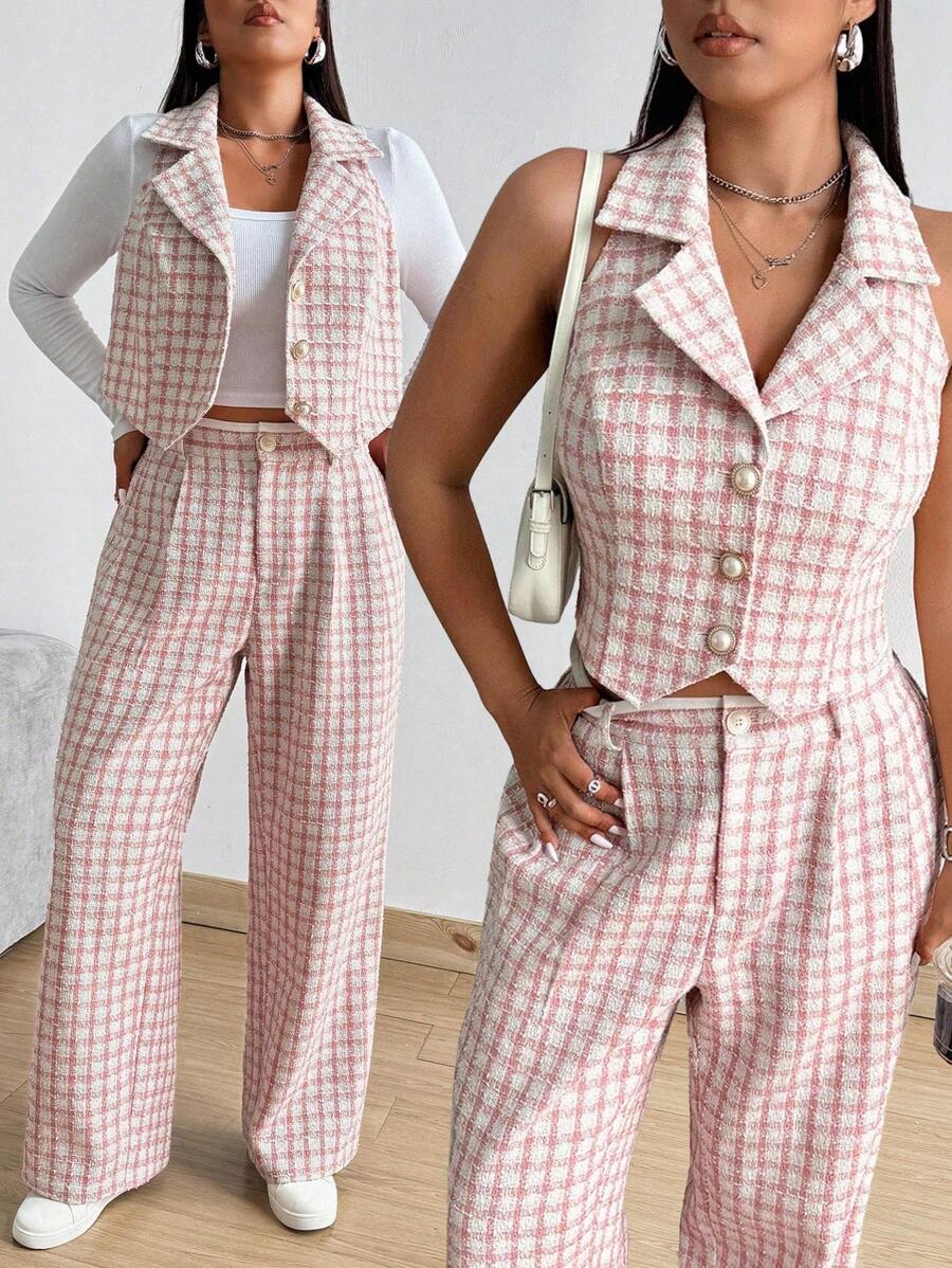 Flirla Plus Size Autumn/Winter Sleeveless Open Front Button Chunky Knit Pinkish White Contrast Color Vest And Pants Casual Work Party Date Elegant Suit Set - Pink - View 1