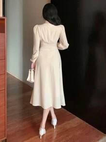 DAZY 女士优雅中长袖连衣裙，秋季，新年除夕舞会礼服，秋季女装 - 米色 - 查看 6