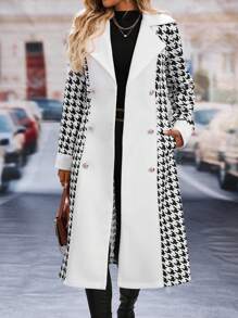 SHEIN Clasi Women's Colorblock Houndstooth Lapel Metal Double-Breasted Long Sleeve Elegant Woolen Coat, Autumn Winter