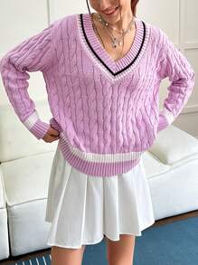 INAWLY Suéter de mujer de cuello en V estilo universitario de punto trenzado, informal para otoño/invierno