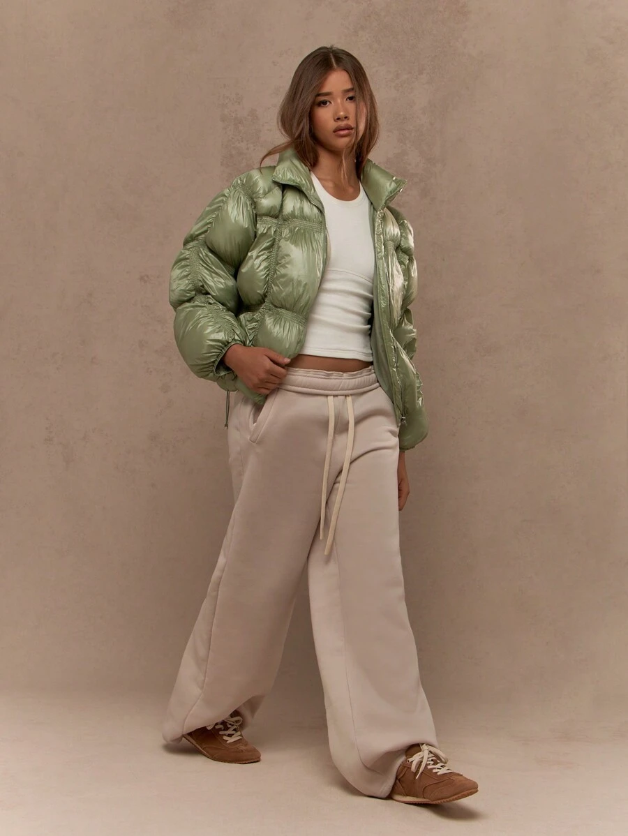 MISSGUIDED Winter Puffer Jacket Quilted Stand Collar Crop Bubble Outerwear High Neck Soft Touch Puffy Casual Streetwear Autumn Coat - Olive Green - View 1