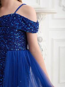 SHEIN 优雅蓝色细肩带连衣裙，适合少女穿着，无袖长款正式礼服，适合晚会、万圣节、圣诞节、生日、节日等场合 - 藍色 - 查看 3